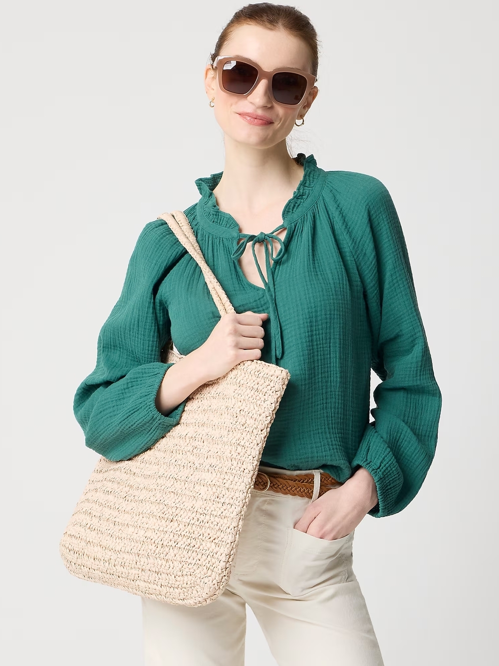 NWT J. Crew Emerald Gauze 100% Cotton Ruffle-Tie Blouse XS - Picture 4 of 5